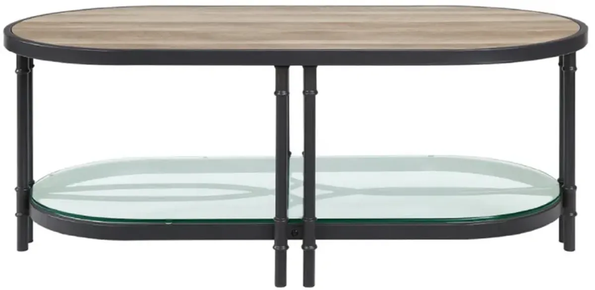 Ley 47 Inch Wood Coffee Table, Oblong, Industrial Design, Oak-Benzara