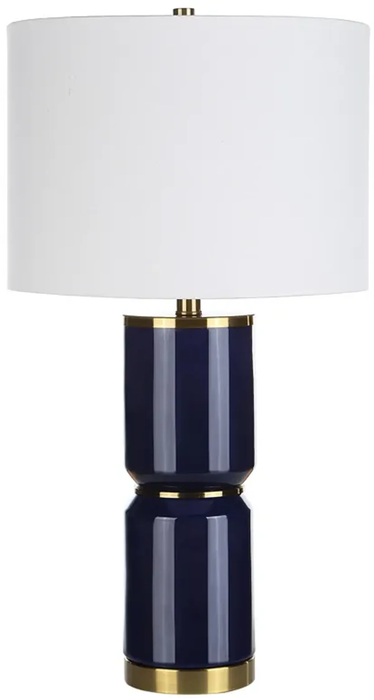 26 Inch Modern Table Lamp, Hardback Linen Shade, Ceramic Body, Blue, Gold-Benzara