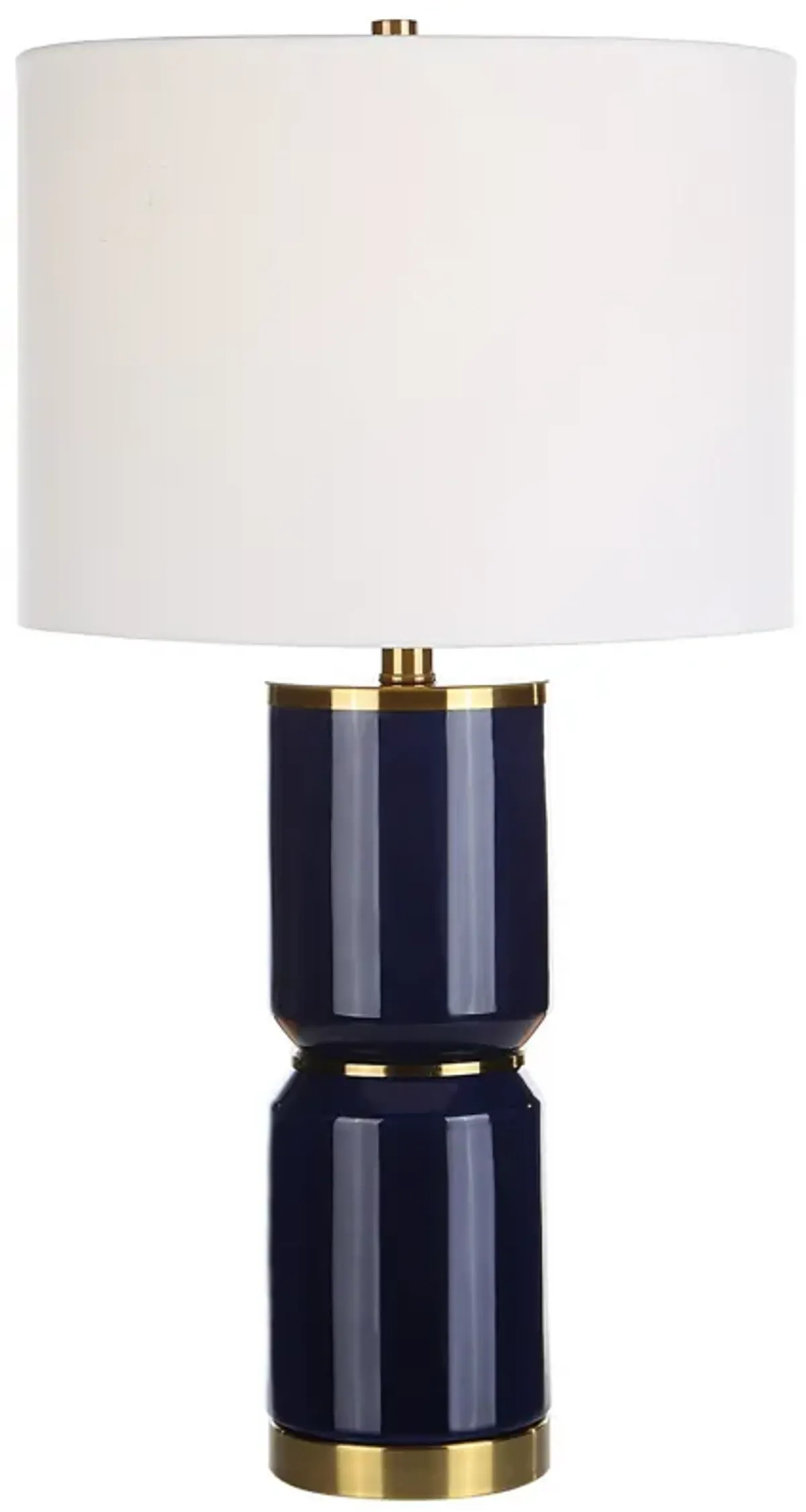 26 Inch Modern Table Lamp, Hardback Linen Shade, Ceramic Body, Blue, Gold-Benzara