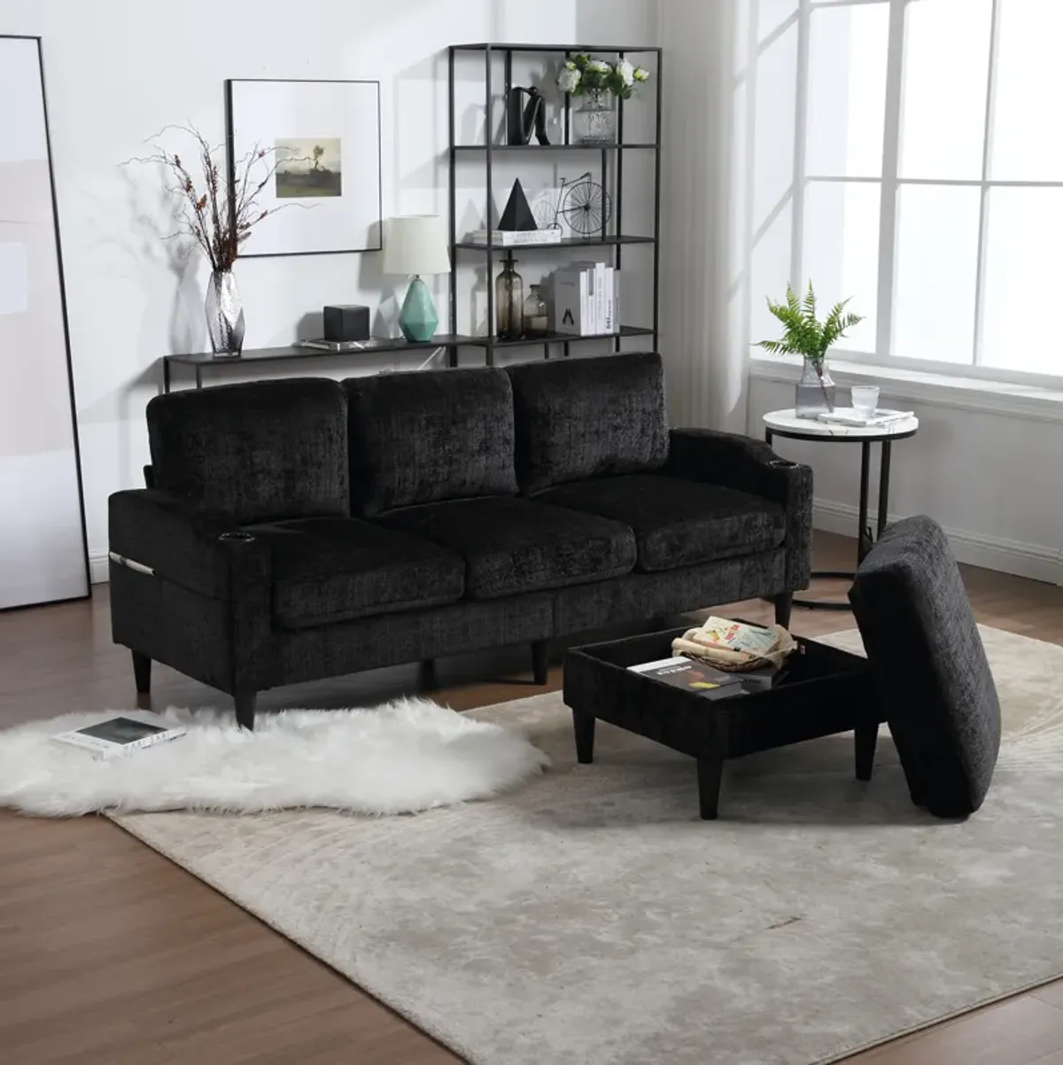 HOT SALE! Sofa for three, solid wood frame, Chenille fabric, side pocket, with two cup holders, footstool with storagestorage sofa /Living room sofa cozy sectional sofa