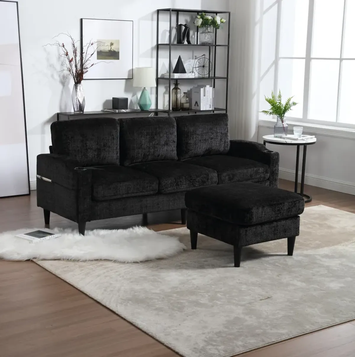 HOT SALE! Sofa for three, solid wood frame, Chenille fabric, side pocket, with two cup holders, footstool with storagestorage sofa /Living room sofa cozy sectional sofa