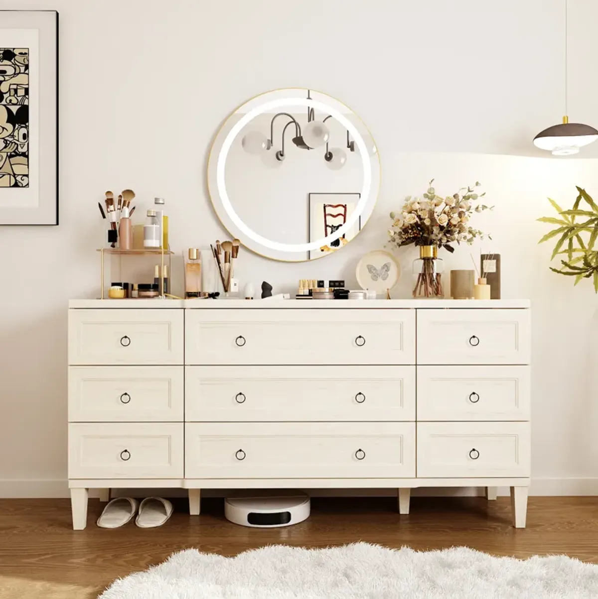 FUFU&GAGA Modern 9-Drawer Dresser, Wood Grain Storage Cabinet, Spacious Chest for Bedroom, Living Room, Hallway (63.4" W x 31.5" H x 15.4" D)