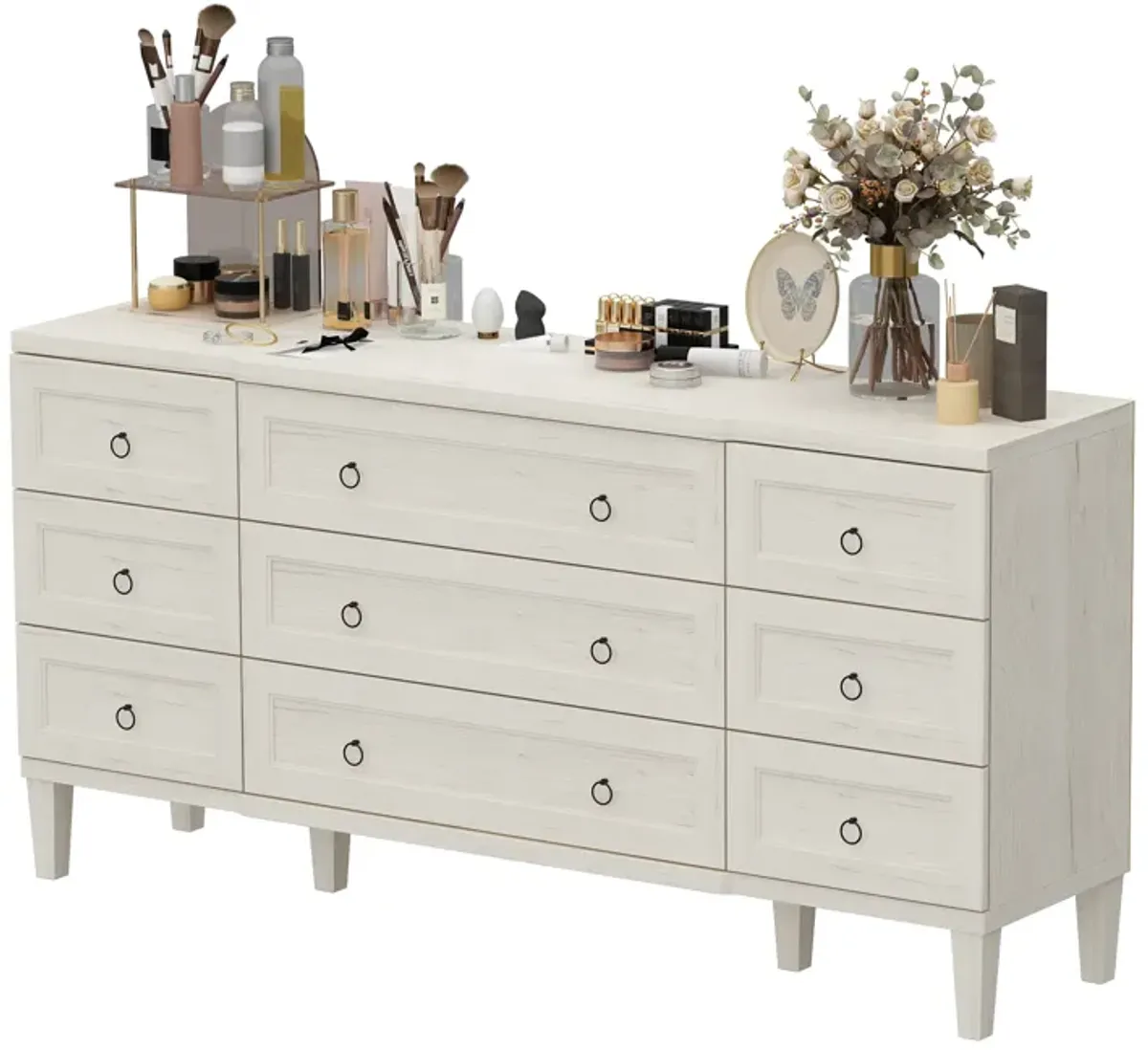 FUFU&GAGA Modern 9-Drawer Dresser, Wood Grain Storage Cabinet, Spacious Chest for Bedroom, Living Room, Hallway (63.4" W x 31.5" H x 15.4" D)