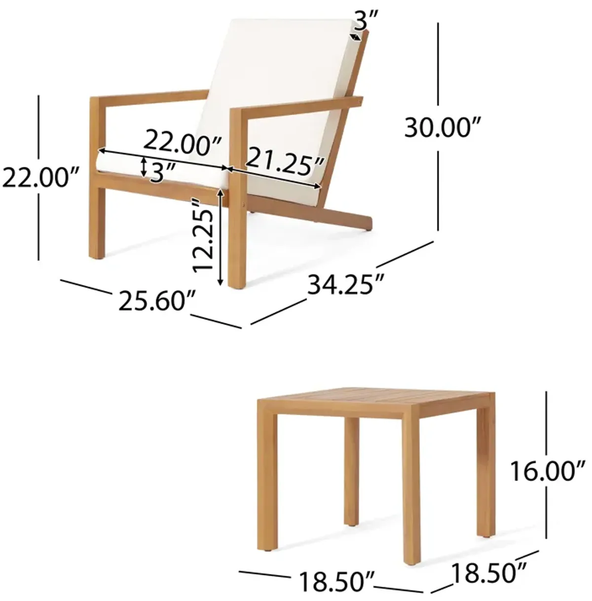 Liah Outdoor Patio Table Set, 2 Chairs, Brown Acacia Wood, Cream Polyester