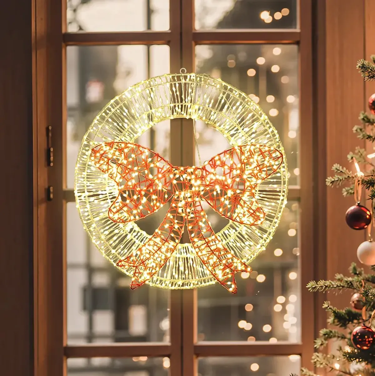 LuxenHome 1.6Ft Round Light Wreath and Red Light Bow Holiday Decoration with Timer