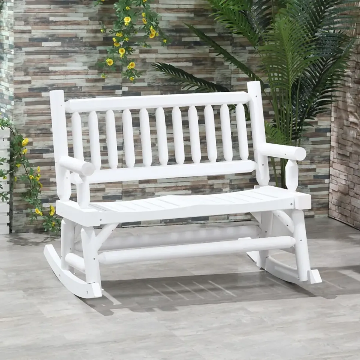 White Outdoor Rocker: 2-Person Wooden Loveseat with Curved Seats