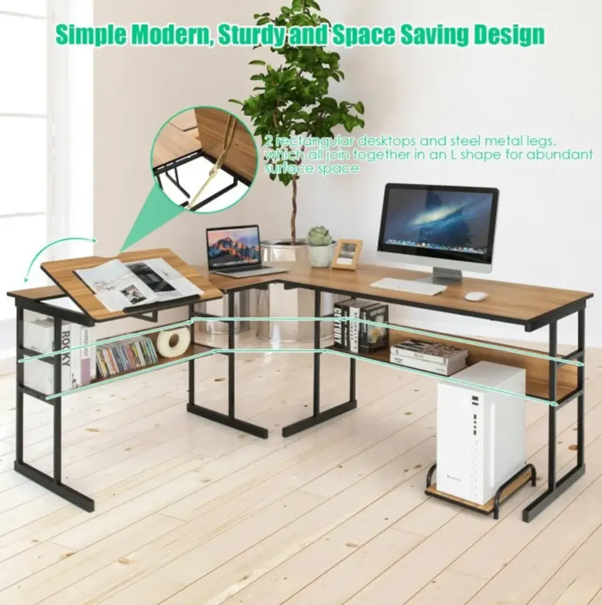 Hivvago L-Shaped Computer Desk with Tiltable Tabletop