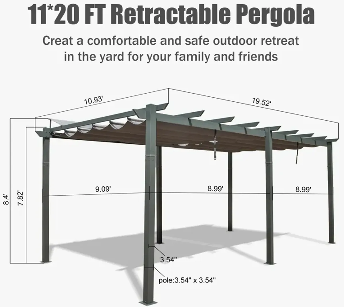 Mondawe 11x20Ft Outdoor Retractable Pergola,Rust-rResistant Aluminum Frame,Adjustable,Easy Assembly