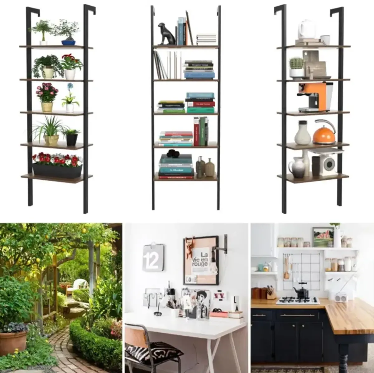 Hivvago 5-Tier Wood Look Ladder Shelf with Metal Frame for Home