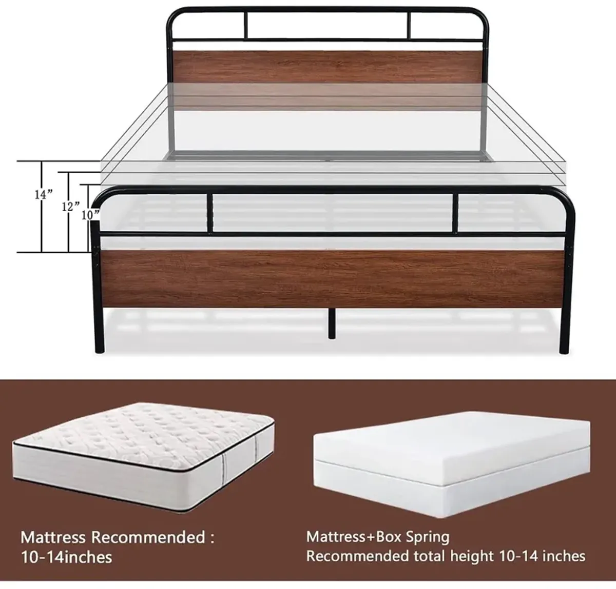 Hivvago Queen Size Industrial Metal Wood Platform Bed Frame with Headboard and Footboard