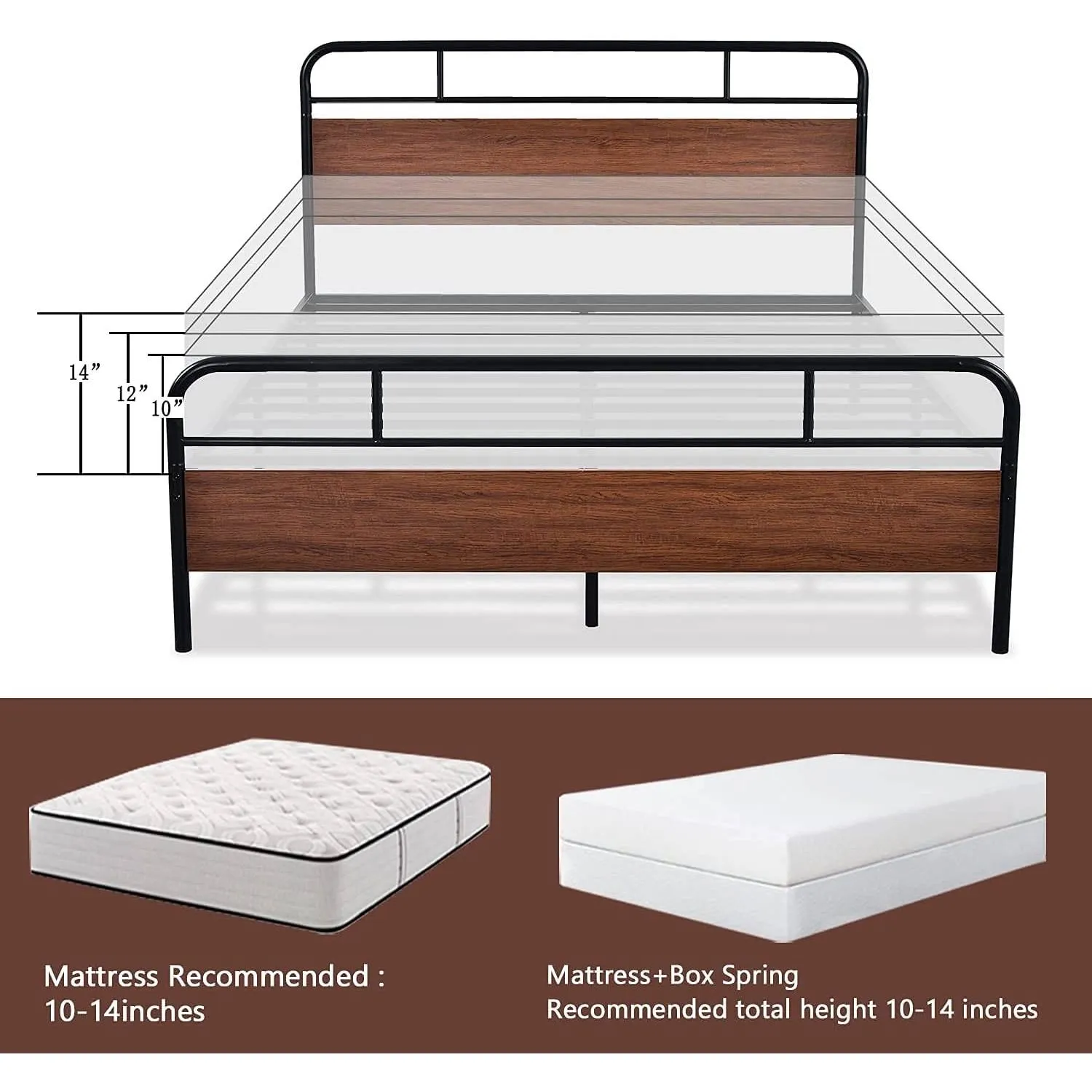 Hivvago Queen Size Industrial Metal Wood Platform Bed Frame with Headboard and Footboard