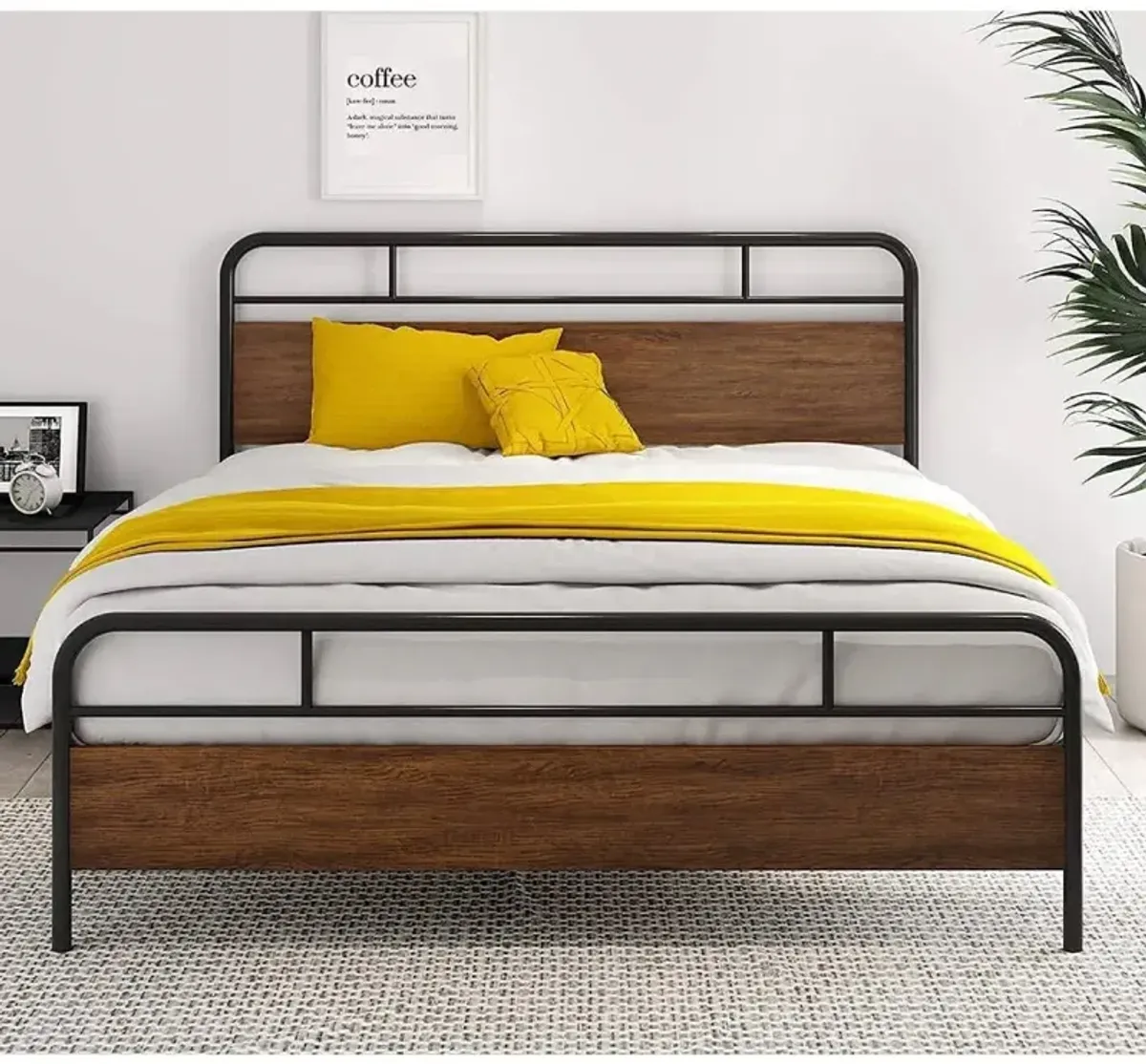 Hivvago Queen Size Industrial Metal Wood Platform Bed Frame with Headboard and Footboard