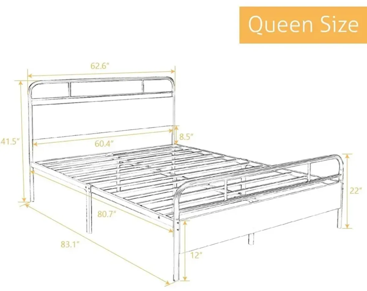 Hivvago Queen Size Industrial Metal Wood Platform Bed Frame with Headboard and Footboard