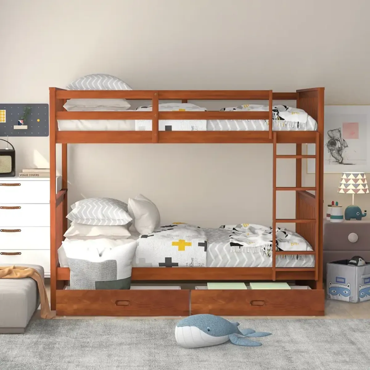 Twin-Over-Twin Bunk Bed With Ladders And Two Storage Drawers