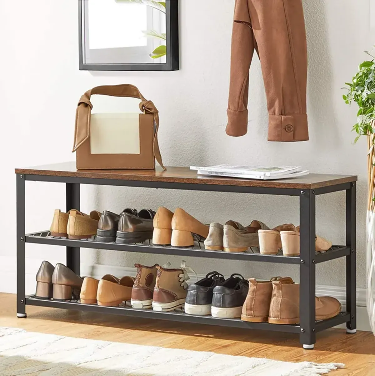 Shoe Bench with 3-Tier Rack - 39.4" Long Storage Shelves for Entryway Organization