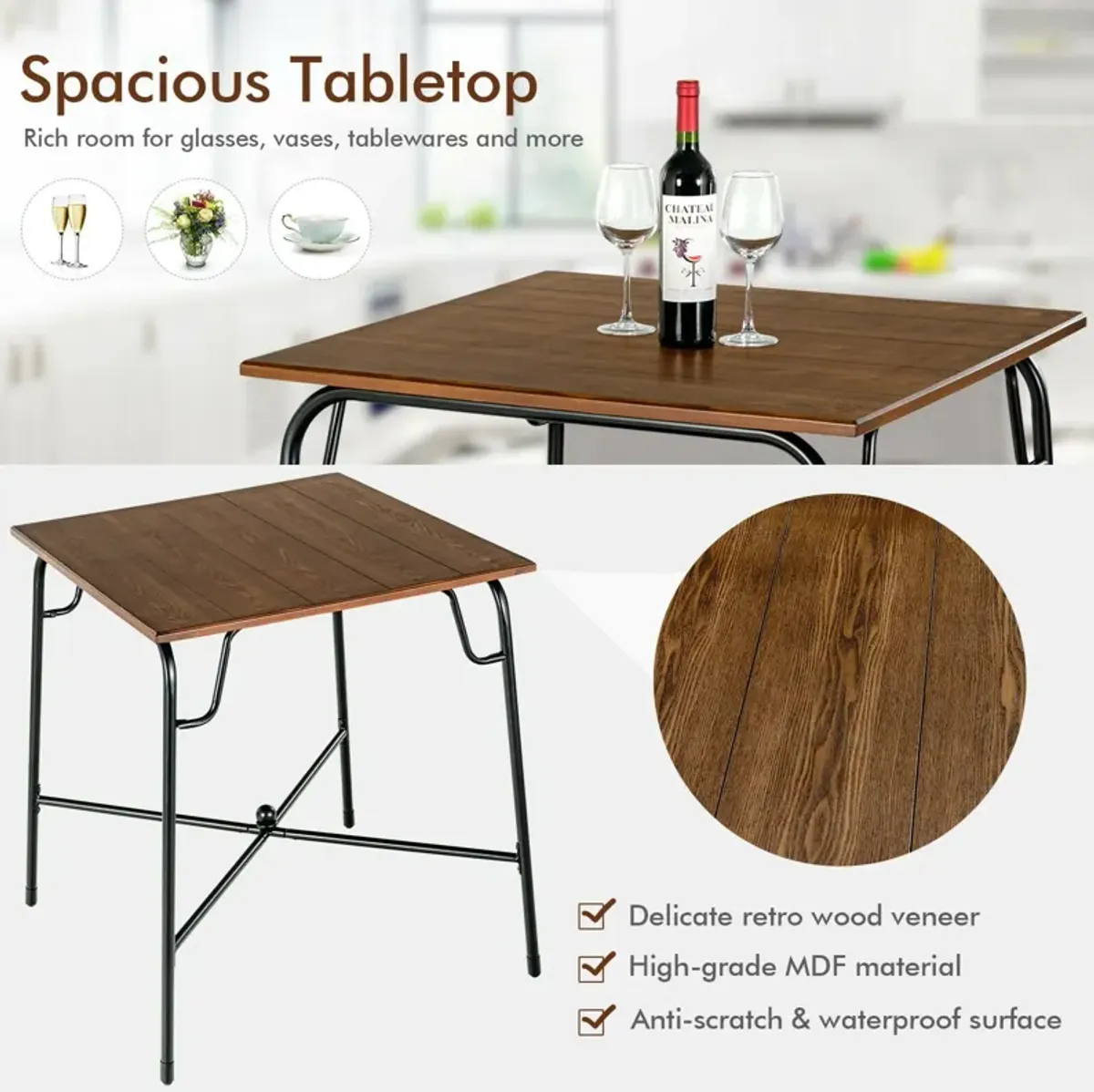 5 Pieces Bar Table Set with 4 Counter Height Backless Stools-Rustic Brown