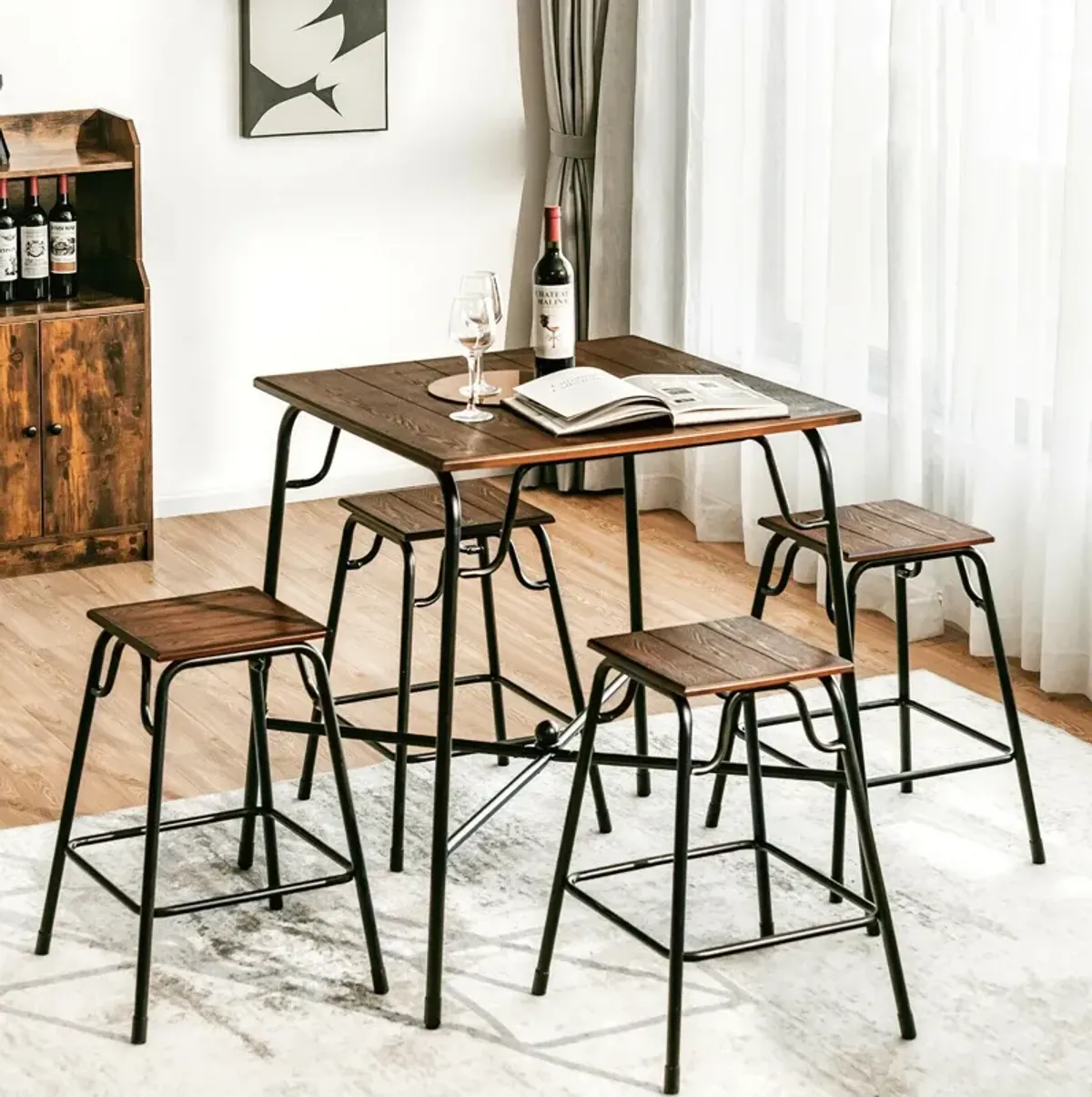 5 Pieces Bar Table Set with 4 Counter Height Backless Stools-Rustic Brown