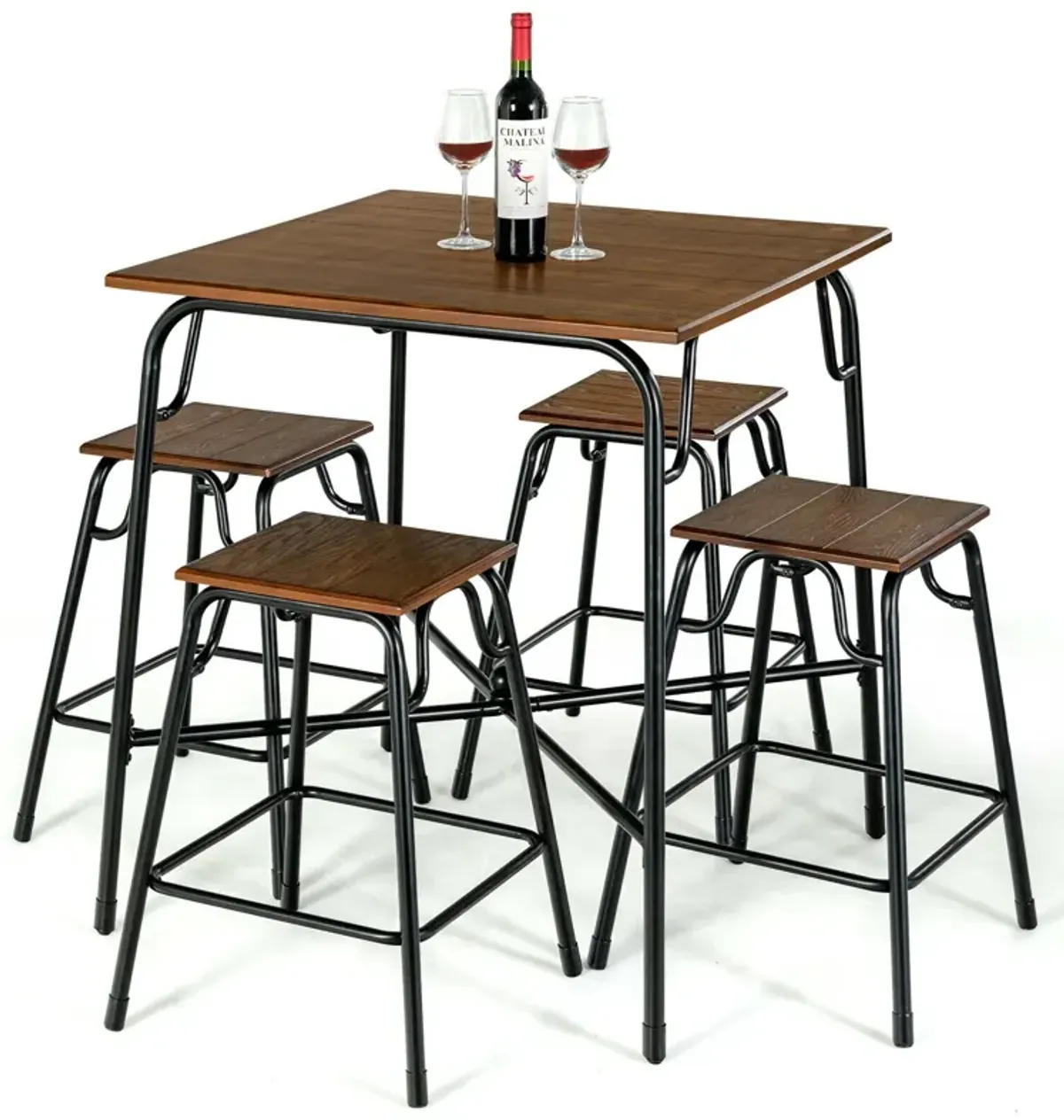 5 Pieces Bar Table Set with 4 Counter Height Backless Stools-Rustic Brown