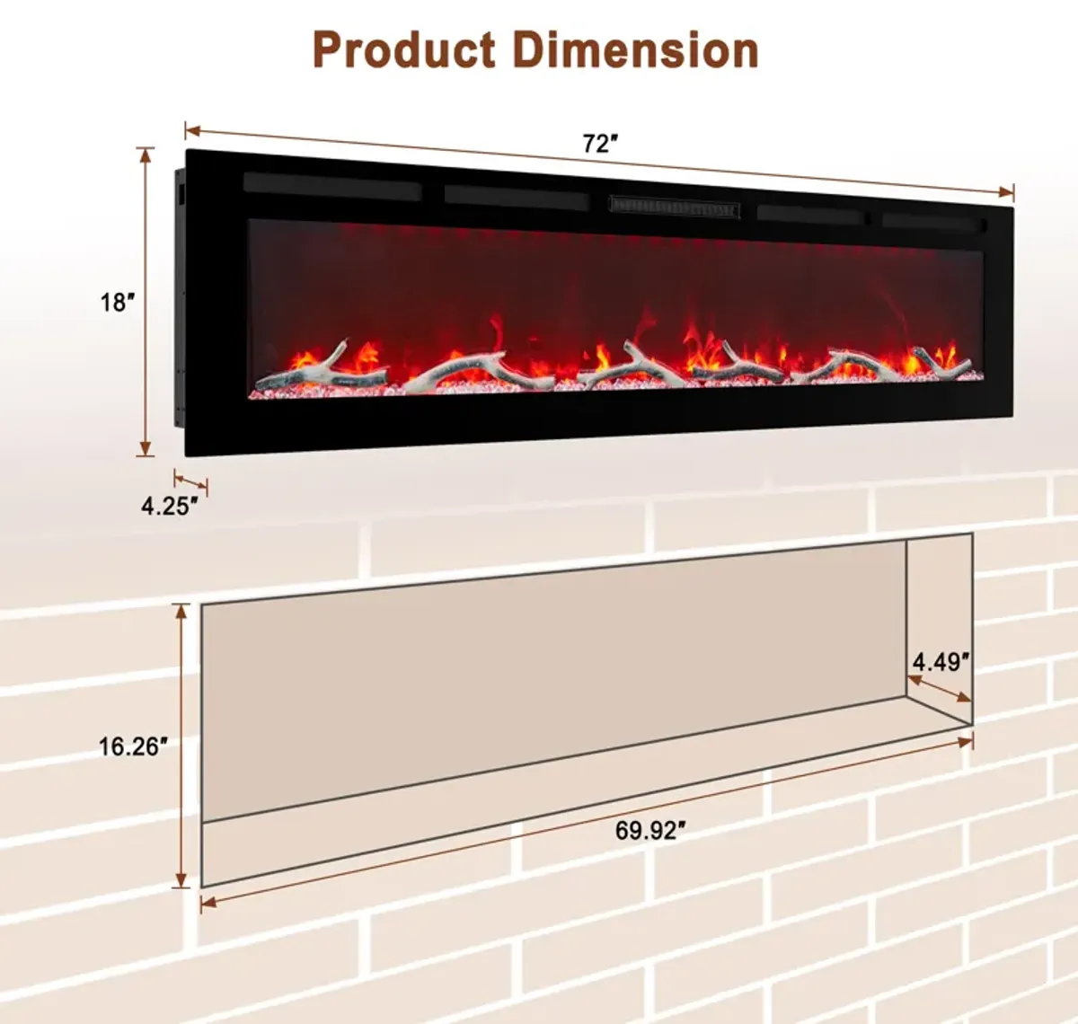 MONDAWE 72" Wall-Mounted Recessed Electric Fireplace 4780 BTU Heater with Remote Control Adjustable Flame Color & Temperature Setting