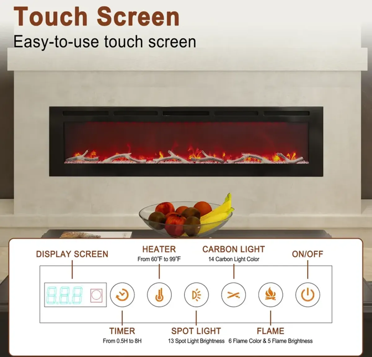 MONDAWE 72" Wall-Mounted Recessed Electric Fireplace 4780 BTU Heater with Remote Control Adjustable Flame Color & Temperature Setting