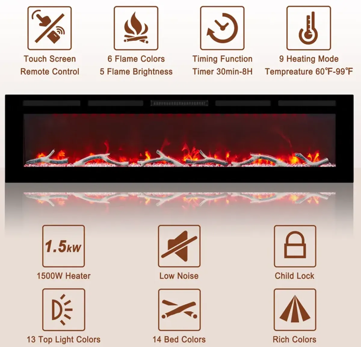 MONDAWE 72" Wall-Mounted Recessed Electric Fireplace 4780 BTU Heater with Remote Control Adjustable Flame Color & Temperature Setting