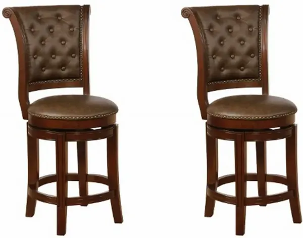 Counter Stool with Leatherette Rolled Button Tufted Back, Set of 2, Brown-Benzara