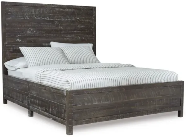 Cas California King Bed, Rustic Rough Hewn Solid Wood Planks, Dark Gray - Benzara
