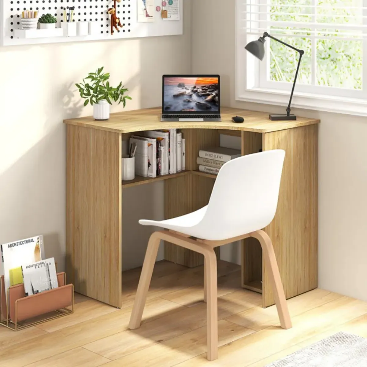 Hivvago Corner Computer Desk Triangle Home Office Desk with Adjustable Shelf and Arc-Shaped Profile