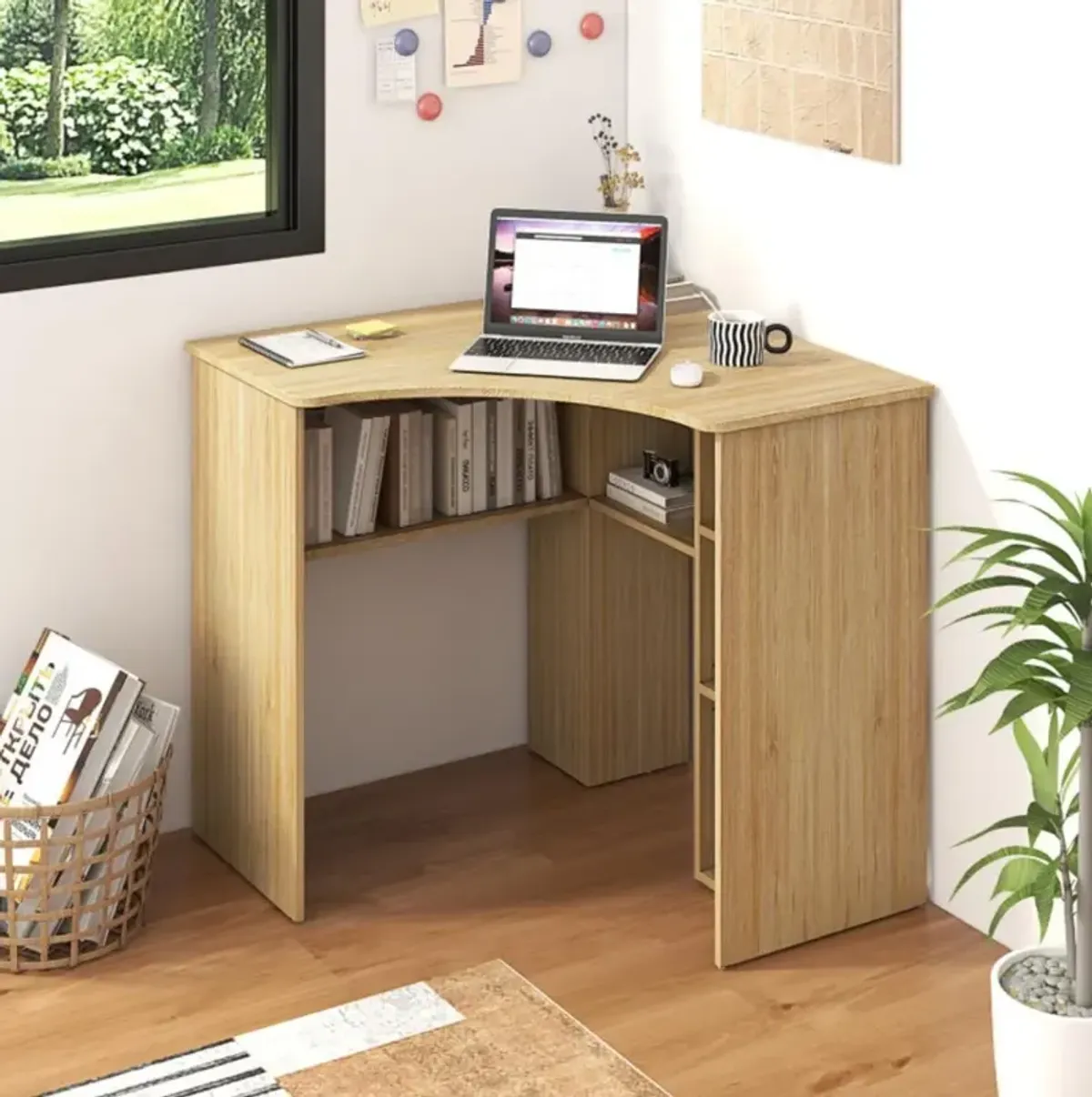 Hivvago Corner Computer Desk Triangle Home Office Desk with Adjustable Shelf and Arc-Shaped Profile