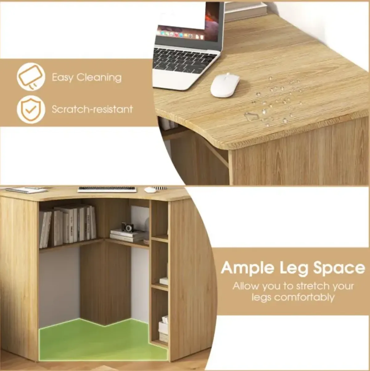 Hivvago Corner Computer Desk Triangle Home Office Desk with Adjustable Shelf and Arc-Shaped Profile