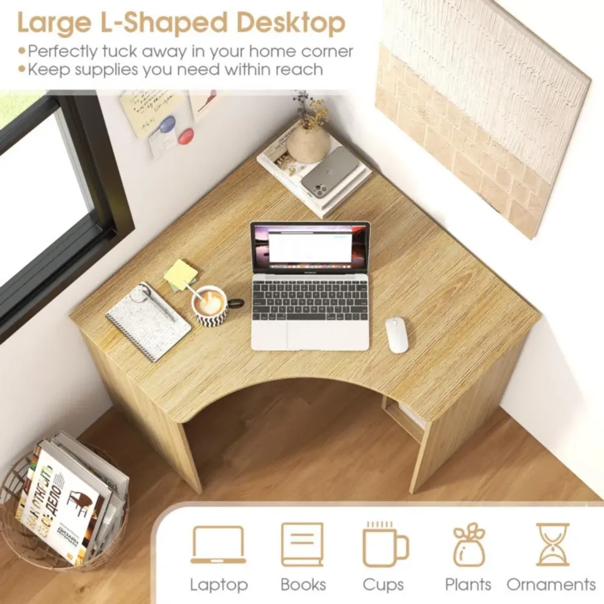 Hivvago Corner Computer Desk Triangle Home Office Desk with Adjustable Shelf and Arc-Shaped Profile