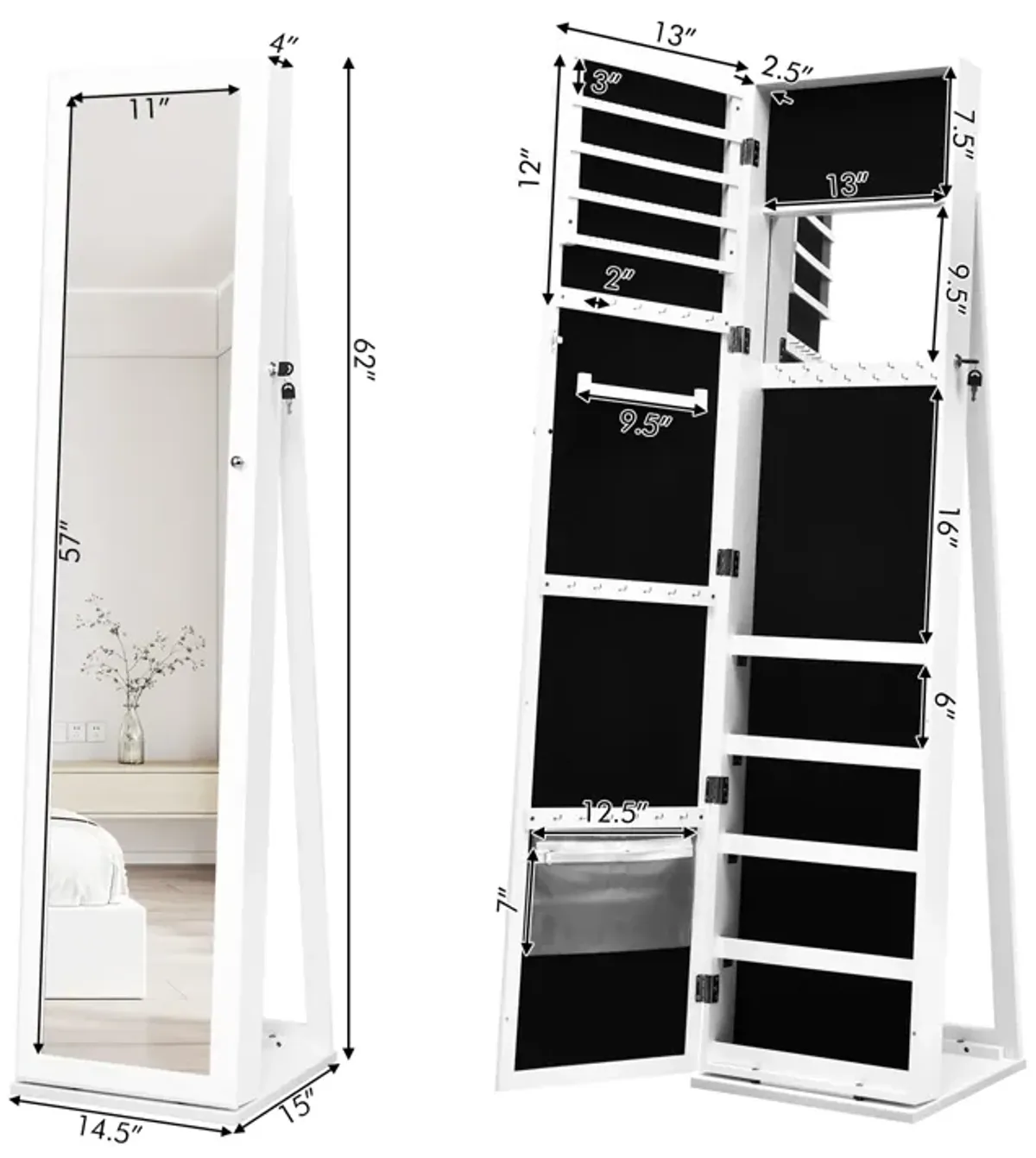 Standing Lockable Jewelry Storage Organizer with Full-Length Mirror