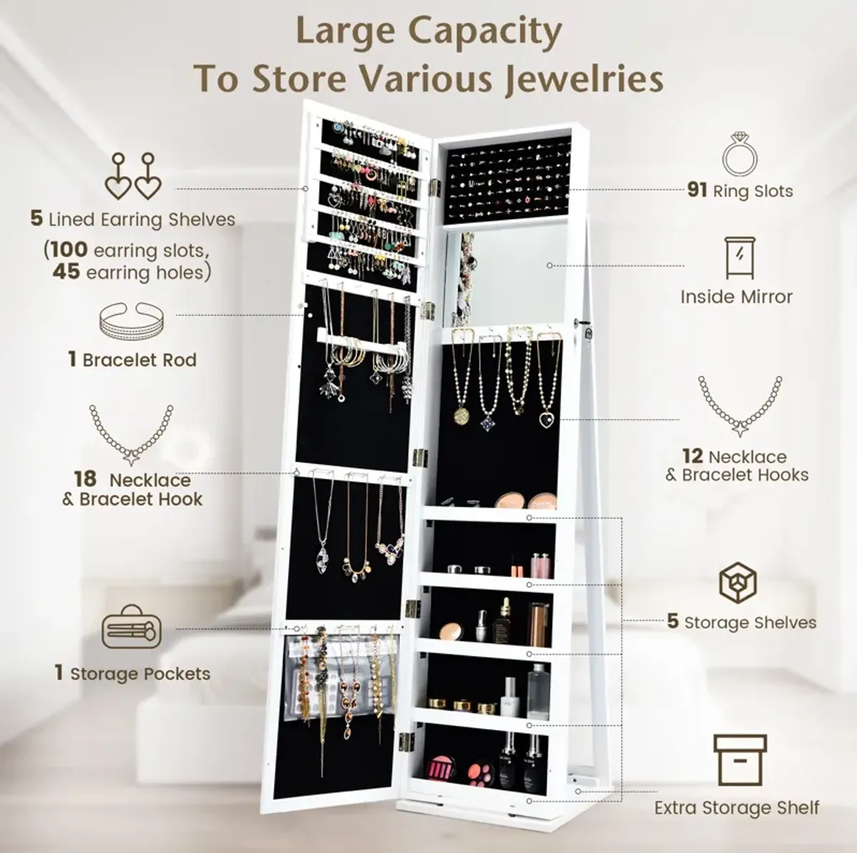 Standing Lockable Jewelry Storage Organizer with Full-Length Mirror