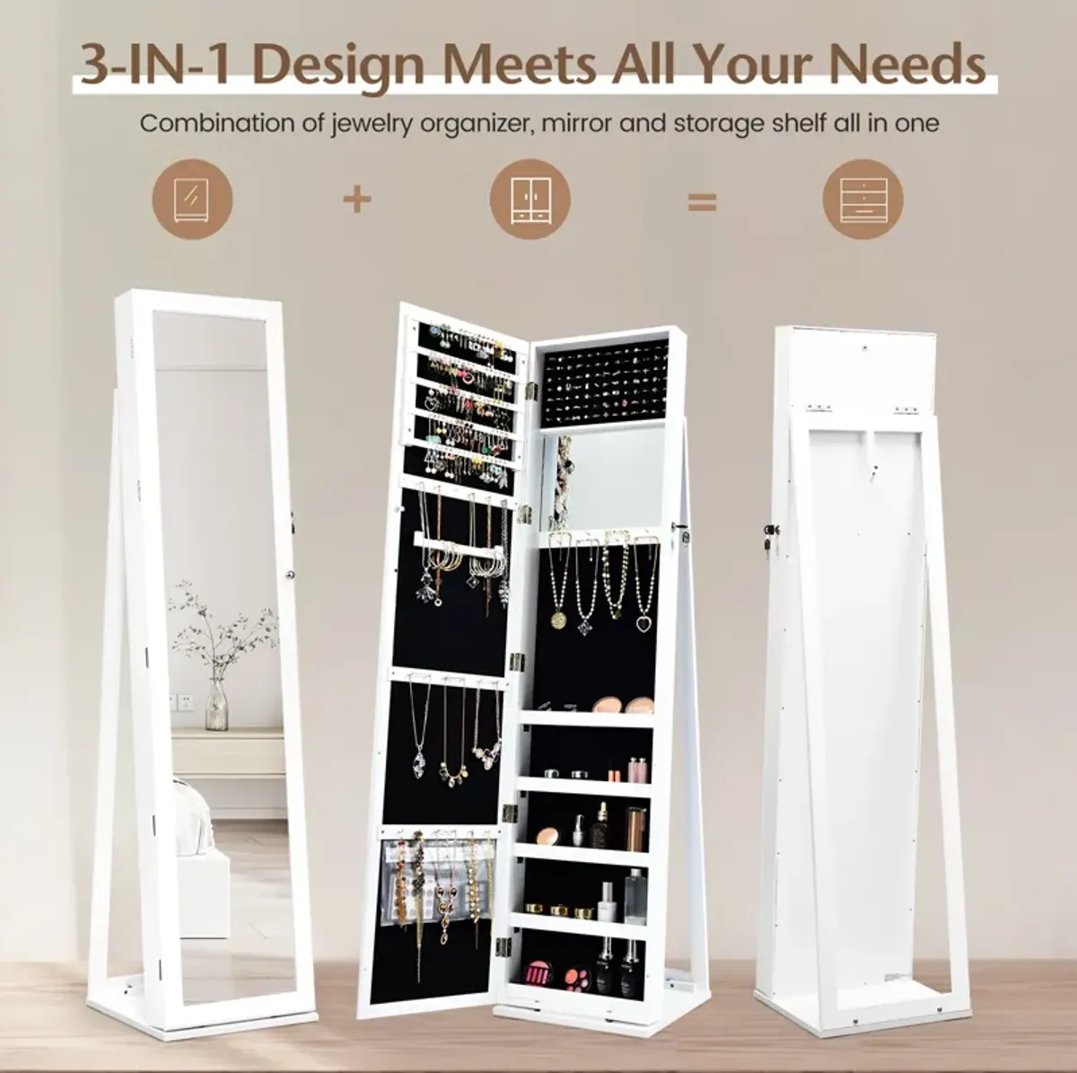 Standing Lockable Jewelry Storage Organizer with Full-Length Mirror