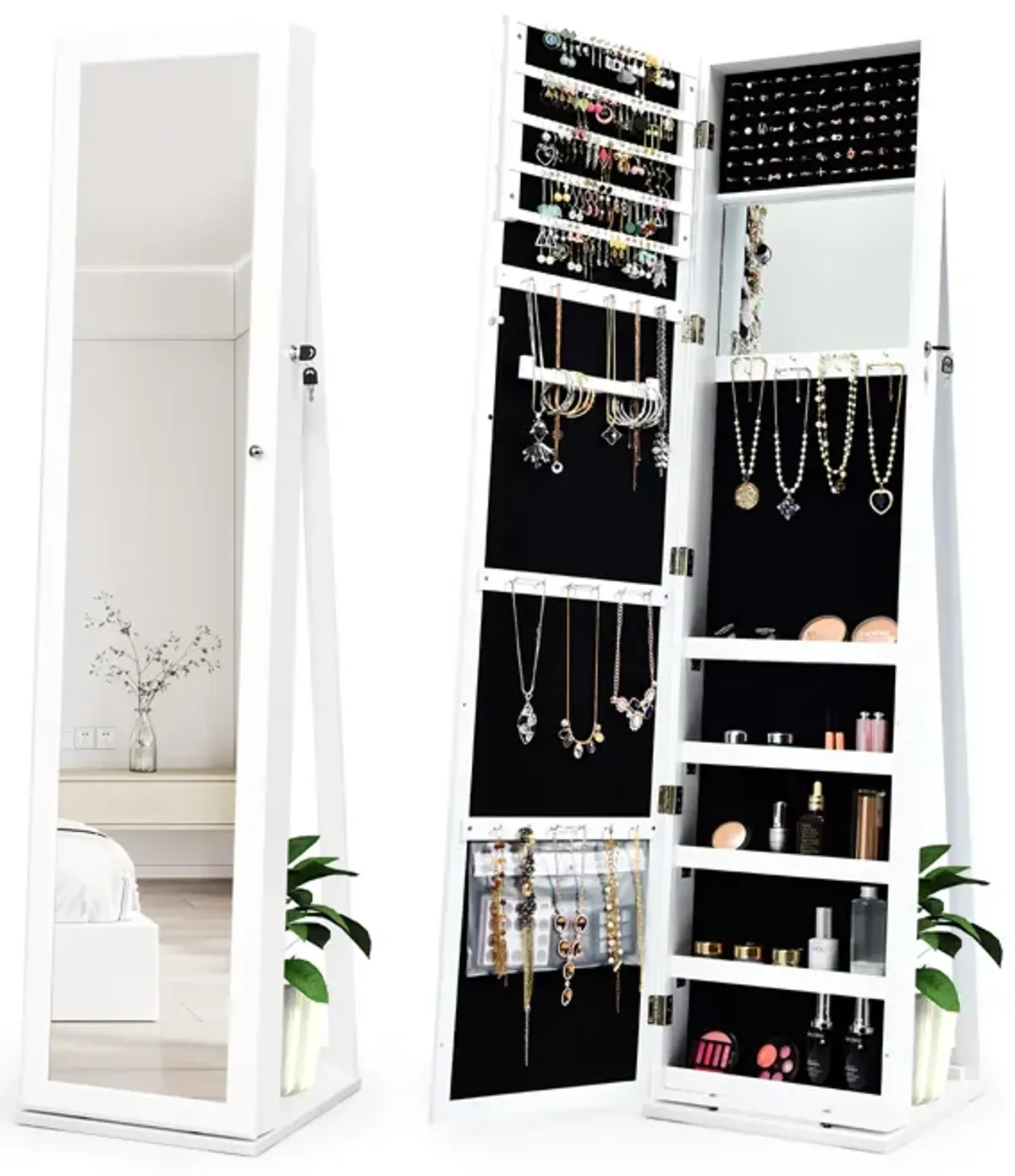 Standing Lockable Jewelry Storage Organizer with Full-Length Mirror