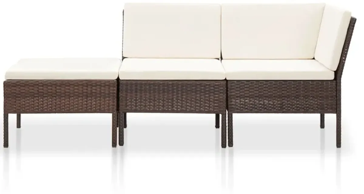 Modular 3pc Outdoor Lounger Sofa, Brown Poly Rattan, Ivory Fabric - Benzara