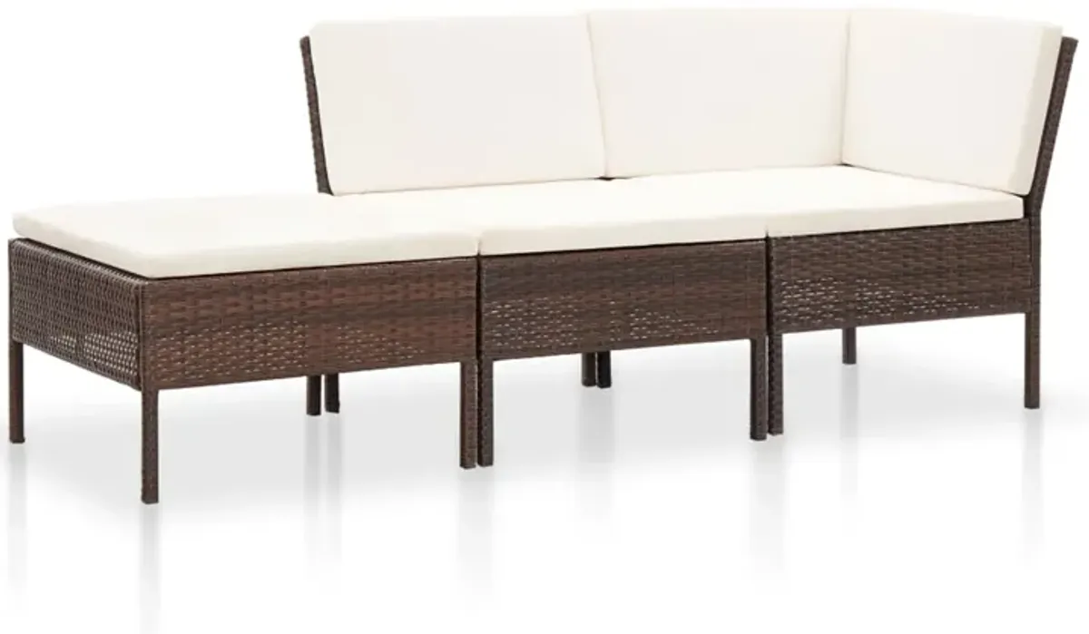 Modular 3pc Outdoor Lounger Sofa, Brown Poly Rattan, Ivory Fabric - Benzara