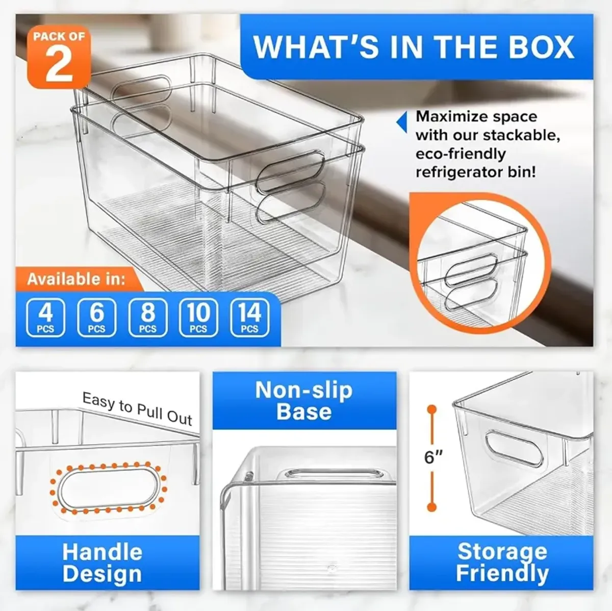 Multi-purpose Refrigerator Bins - 2 pieces Large Capacity Stackable Fridge Bin Organizer with Easy Grip Handles - Clear