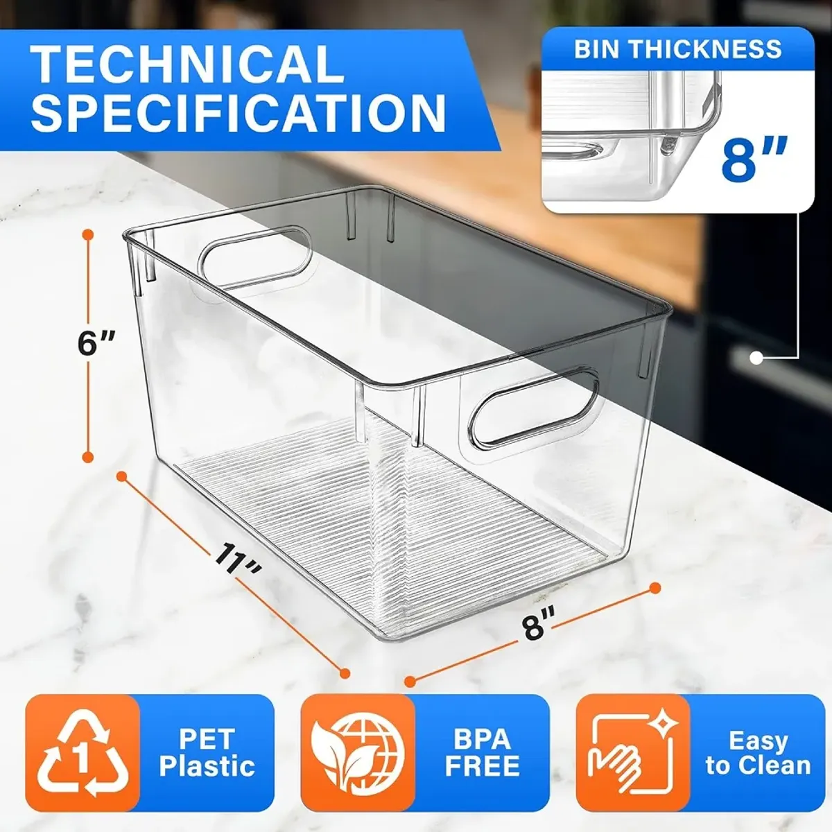 Multi-purpose Refrigerator Bins - 2 pieces Large Capacity Stackable Fridge Bin Organizer with Easy Grip Handles - Clear