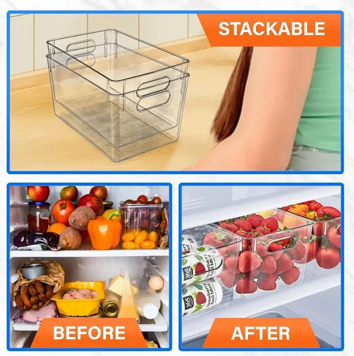 Multi-purpose Refrigerator Bins - 2 pieces Large Capacity Stackable Fridge Bin Organizer with Easy Grip Handles - Clear