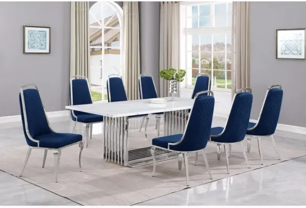 9pc Large(79") marble top dining set with silver base and 8 Navy blue chairs