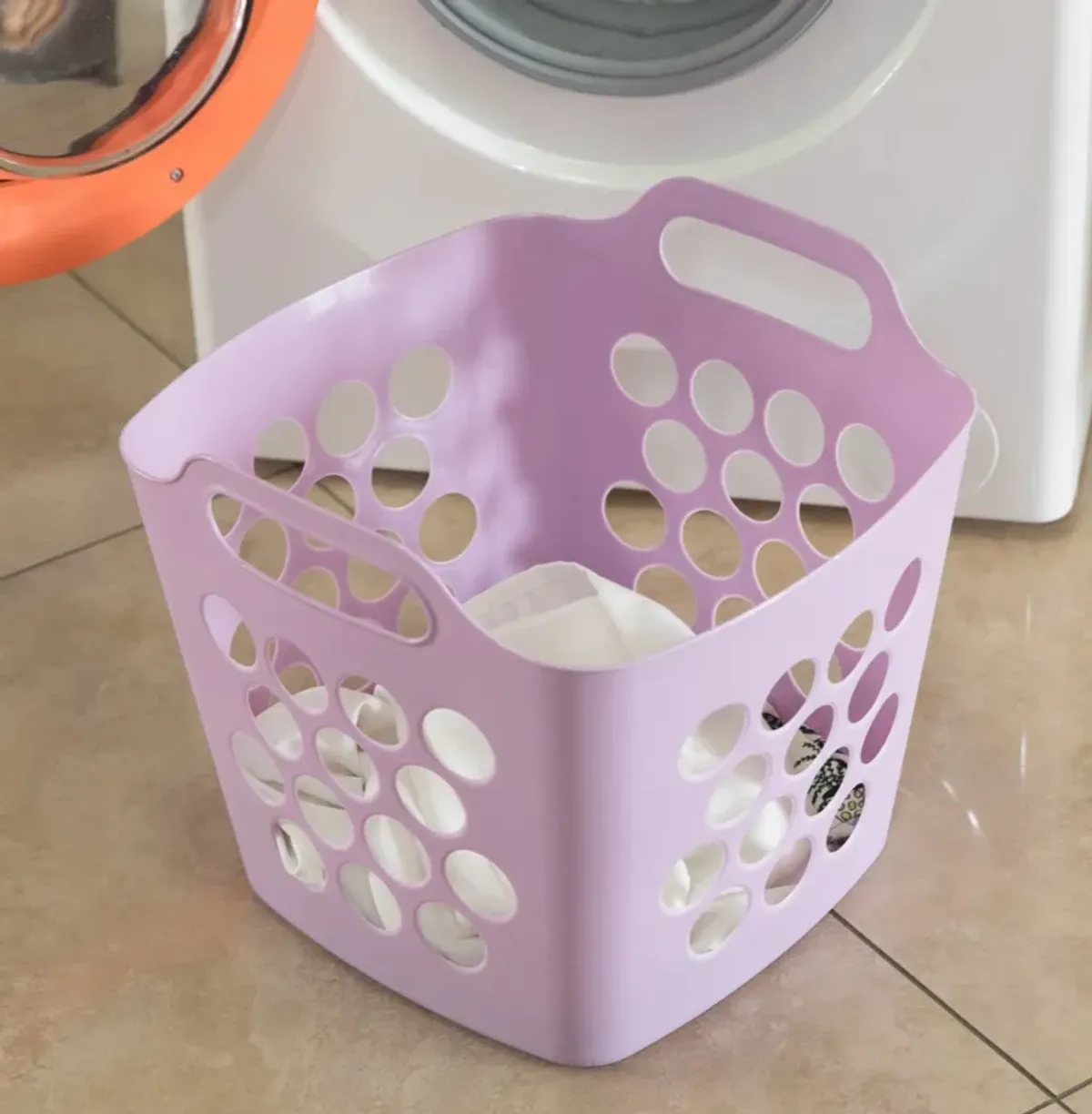 Flexible Plastic Carry Laundry Basket Holder Square Storage Hamper with Side Handles, Purple