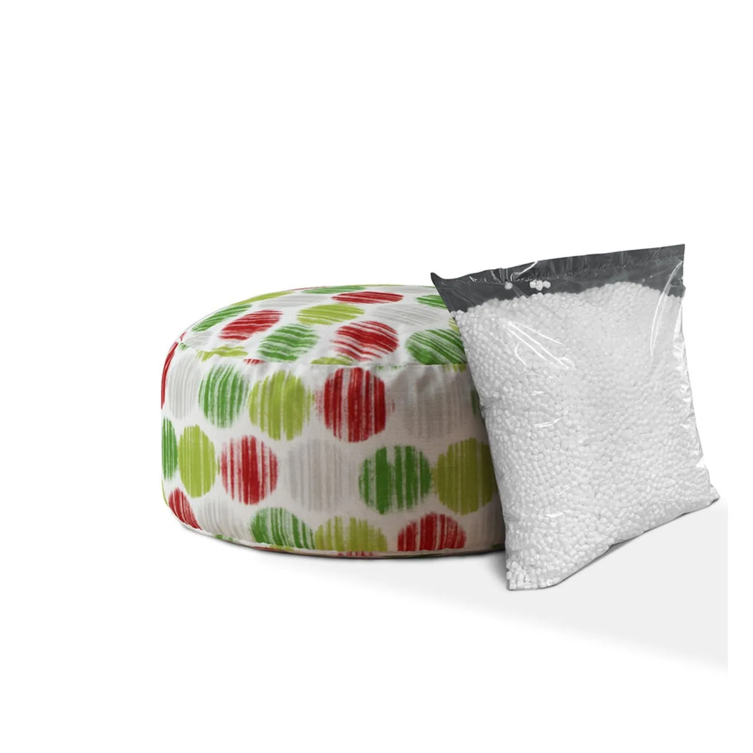 Homezia 24" White Green And Red Cotton Round Polka Dots Pouf Ottoman