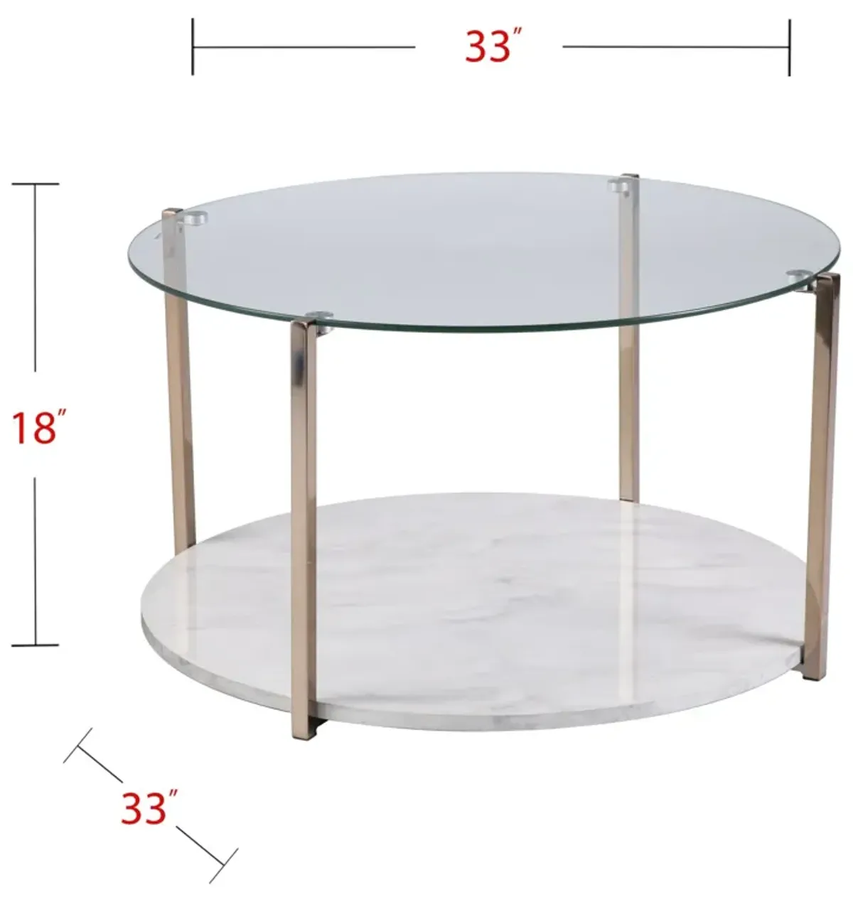 Hivvago 33" Gold Glam Glass And Faux Marble Two Tier Round Coffee Table