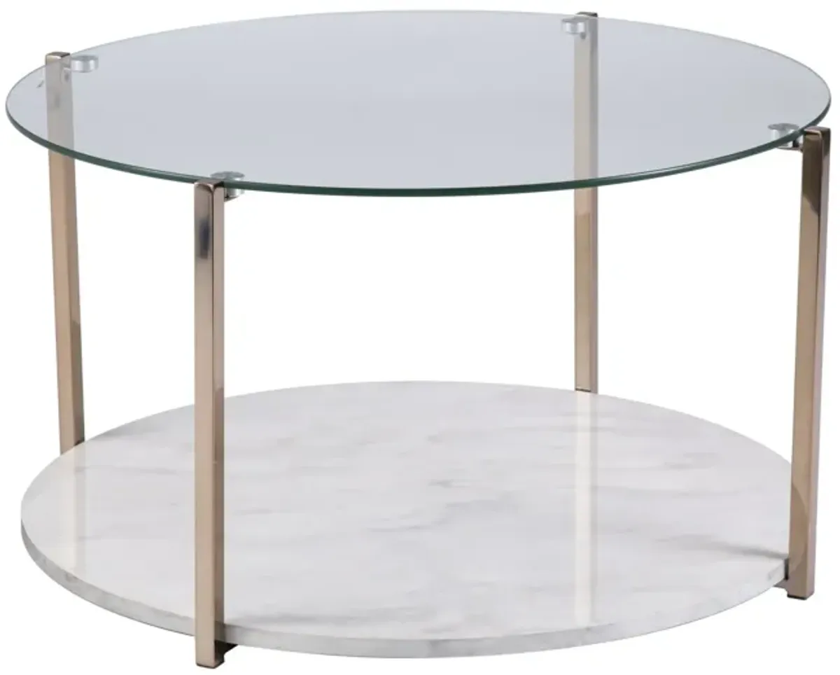 Homezia 33" Gold Glam Glass And Faux Marble Two Tier Round Coffee Table