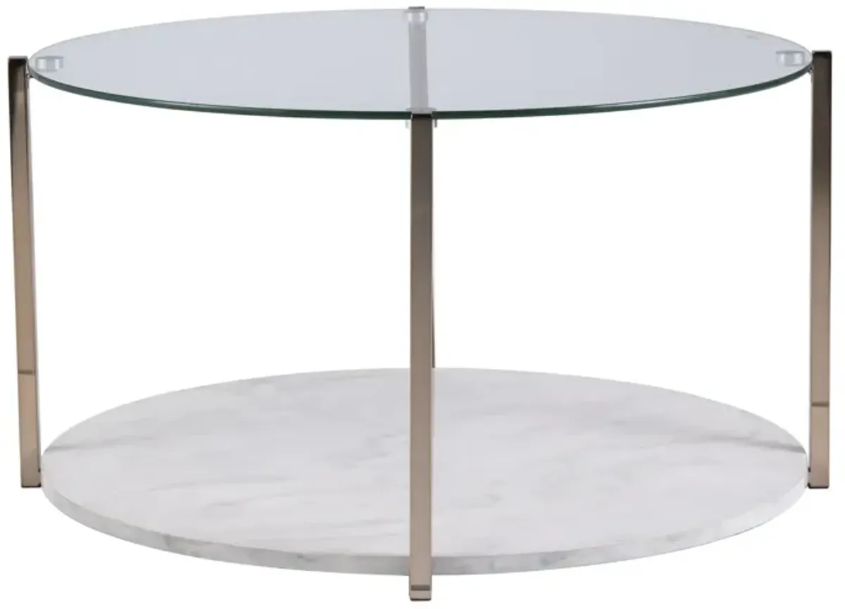 Hivvago 33" Gold Glam Glass And Faux Marble Two Tier Round Coffee Table