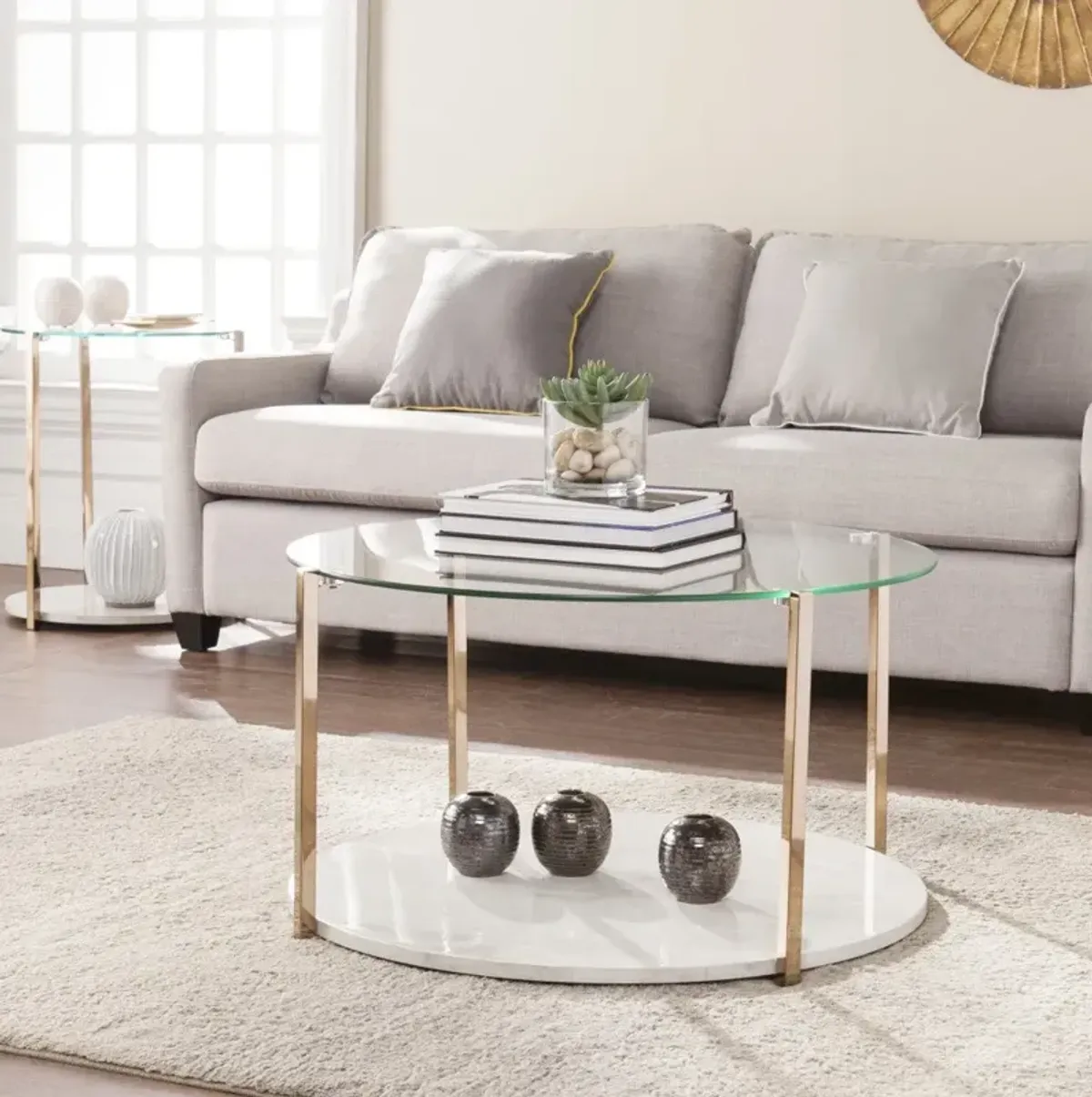 Hivvago 33" Gold Glam Glass And Faux Marble Two Tier Round Coffee Table