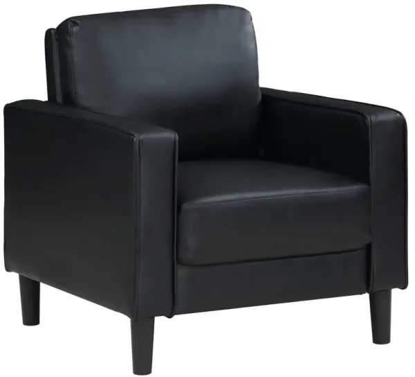 Rumi Accent Chair, Black Faux Leather, Modern Track Arms, Foam Cushions - Benzara