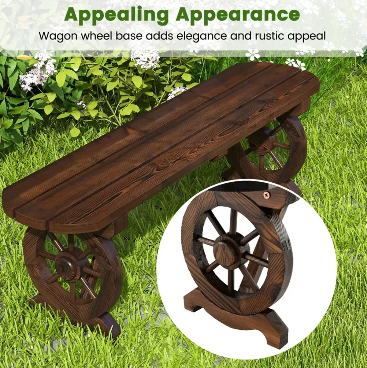 Patio Rustic Wood Bench with Wagon Wheel Base