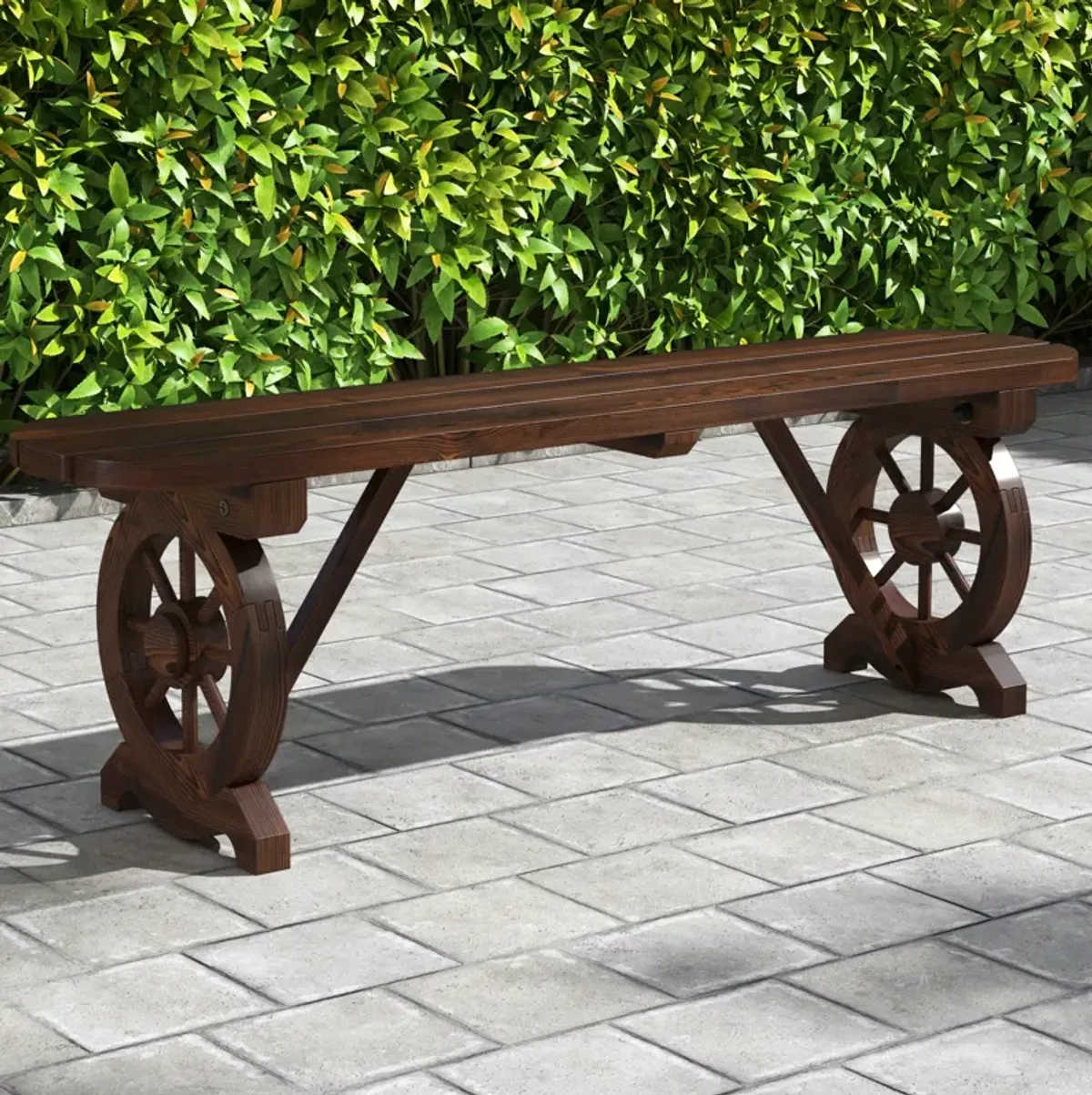 Patio Rustic Wood Bench with Wagon Wheel Base